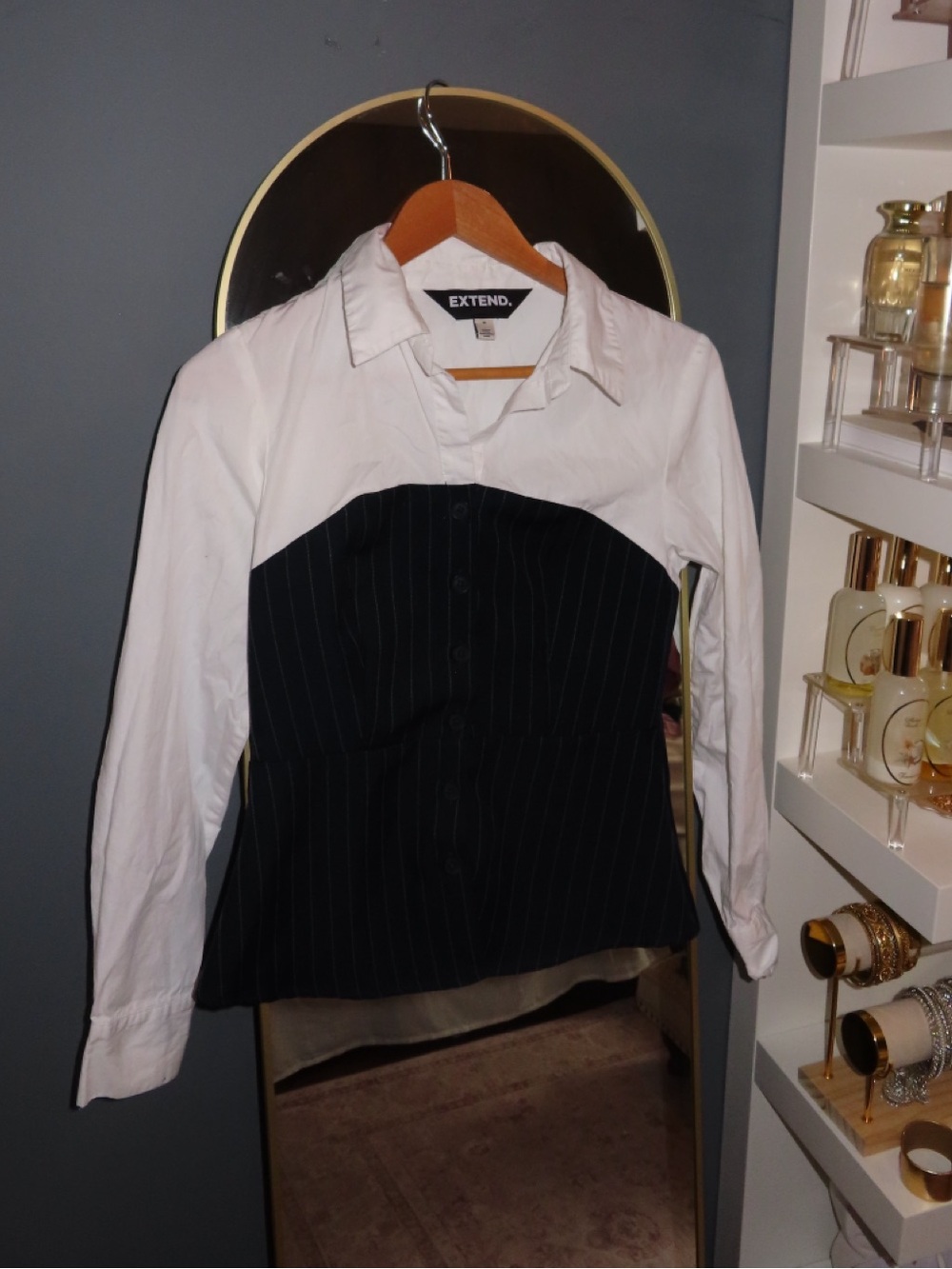 EXTEND Navy Pinstripe Corset Button-Up Top | S | NWOT